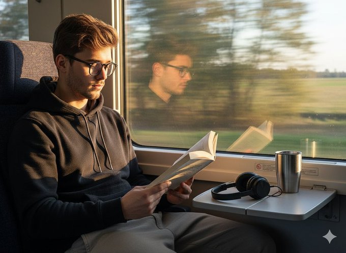 A young man in a dark hoodie reading a book by the window, golden sunlight illuminating the serene train interior.