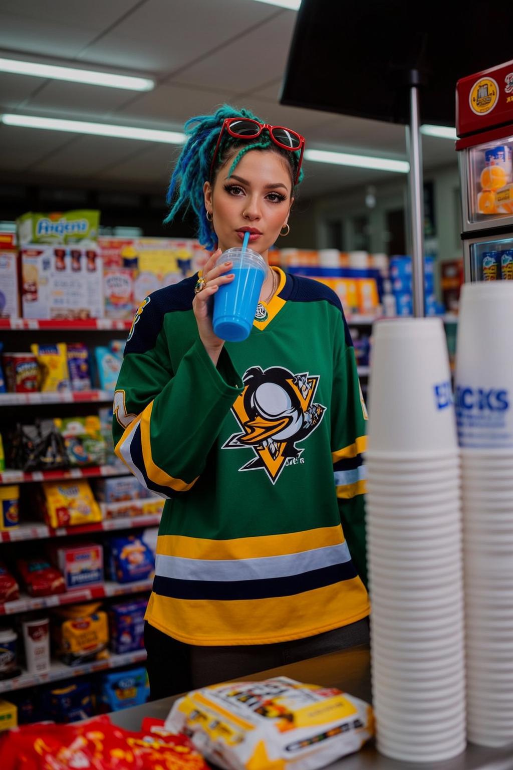 Explore Standing Convenience Store Holding Blue Drink