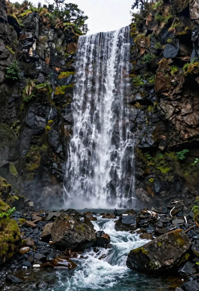 Majestic Multi-tiered Waterfall Cascading Down Rugged Cliff Face Into Rocky