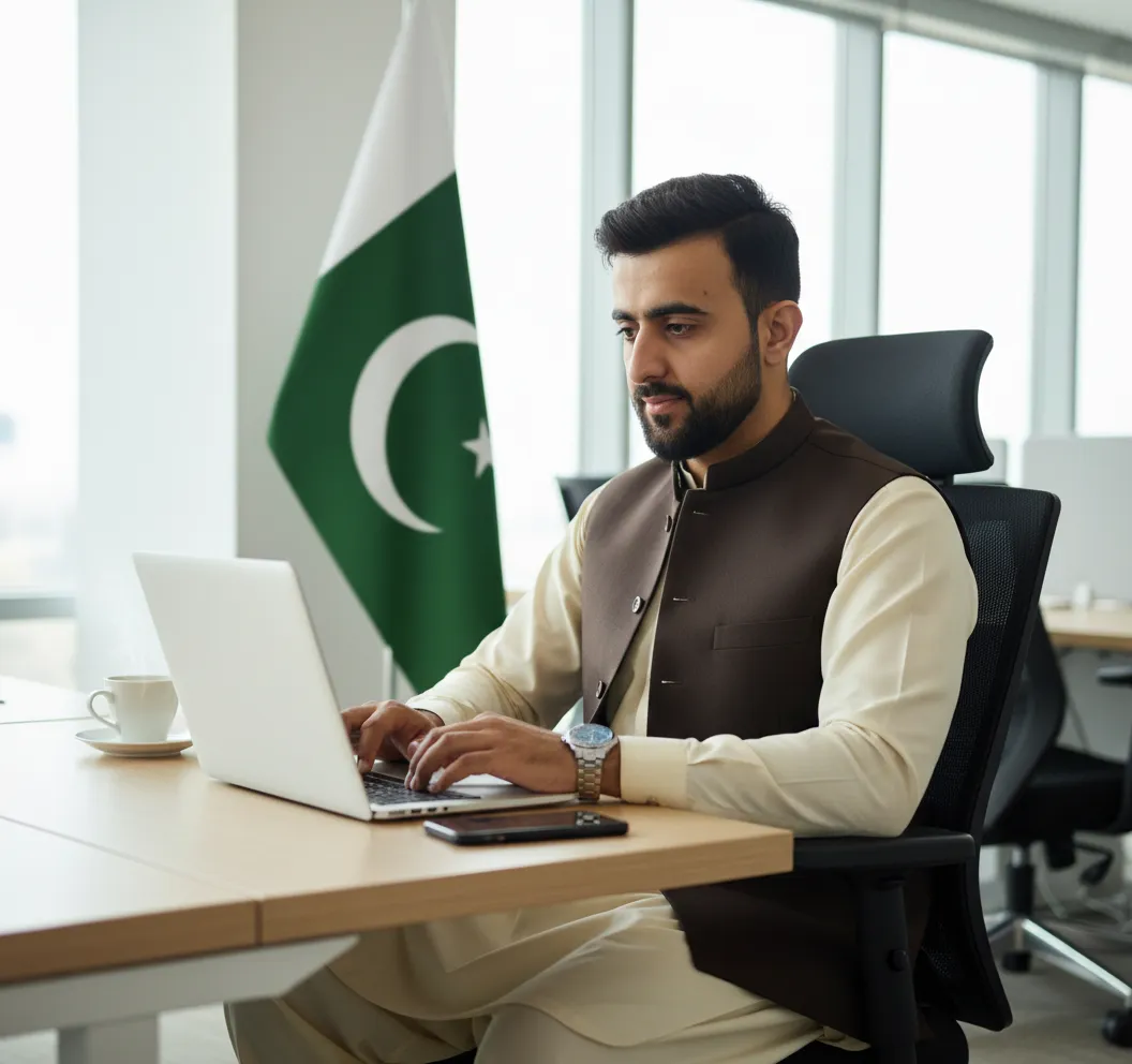Pakistani person working at laptop