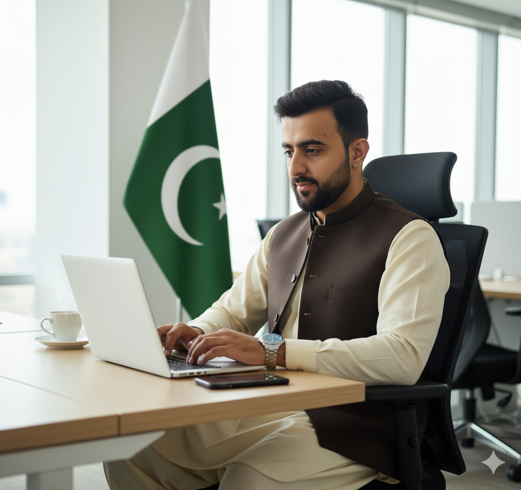 Professional young Pakistani man in traditional attire, working on a laptop in a modern office, with a cup of coffee and the Pakistani flag in the background.
