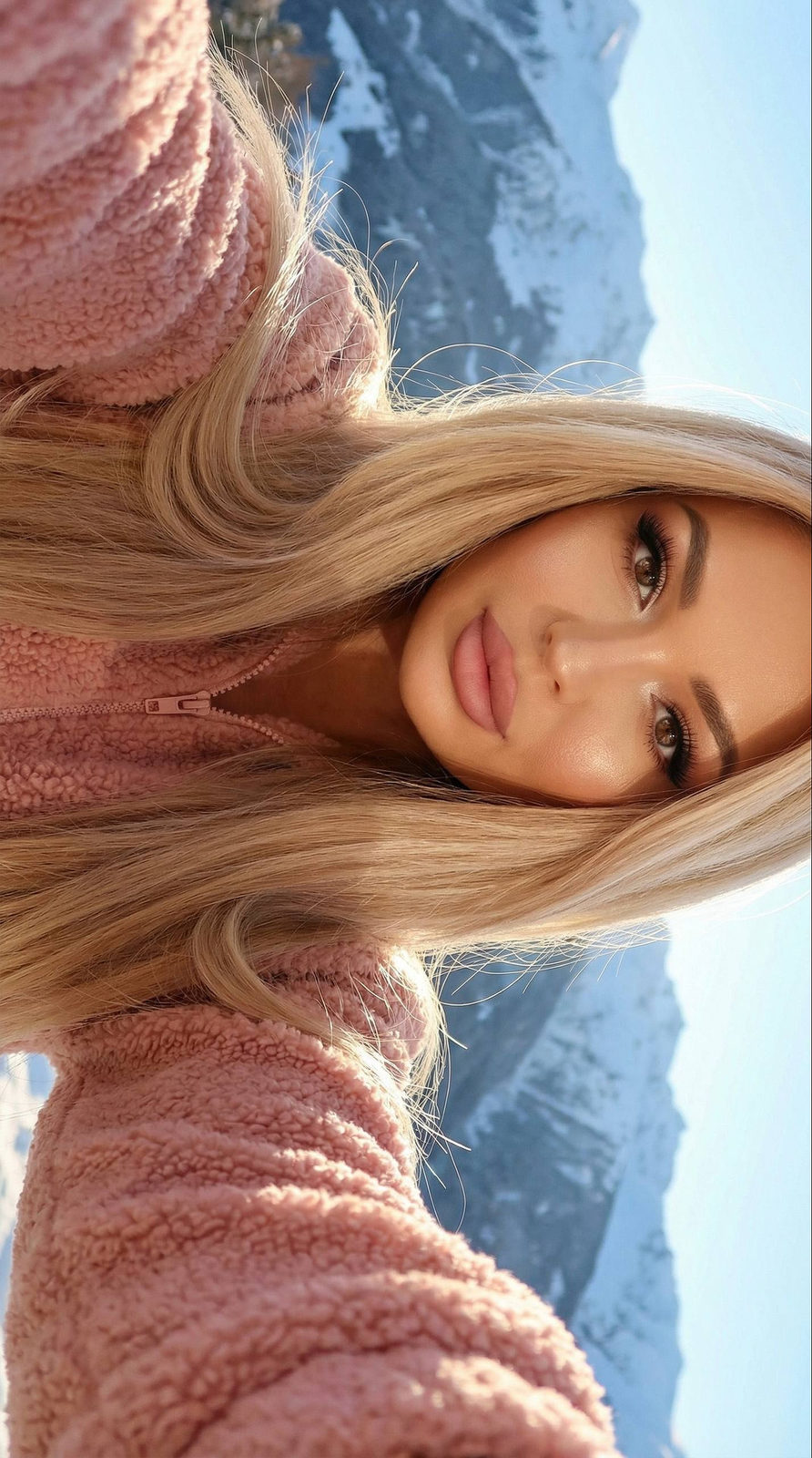 A woman with long shiny hair wearing a pink Teddy sweater poses against winter mountains, showcasing soft warm lighting and striking makeup.