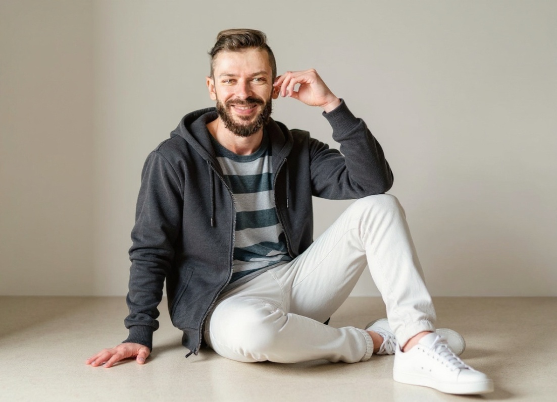 A young man in a dark gray zip-up hoodie, casually seated on a minimalist floor, soft warm light enhancing the serene atmosphere.