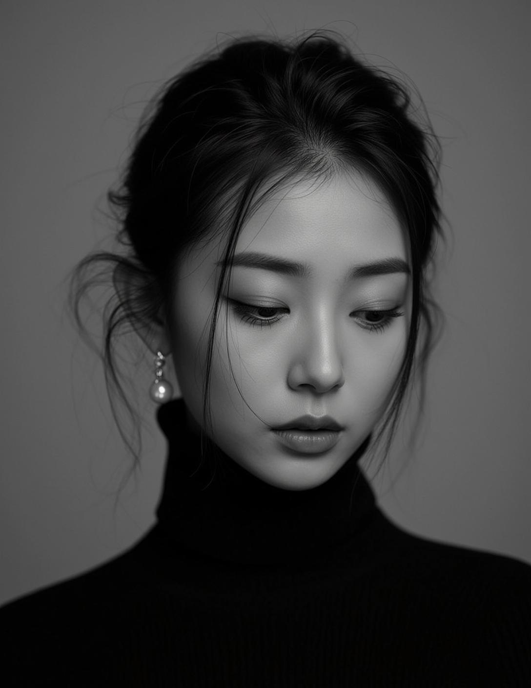 Photorealistic Portrait Young East Asian Woman Captured Vertical Orientation Looking