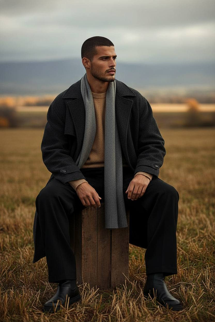 A man with an upright posture sits on a large hay bale, dressed in a dark wool trench coat and light beige cashmere sweater.