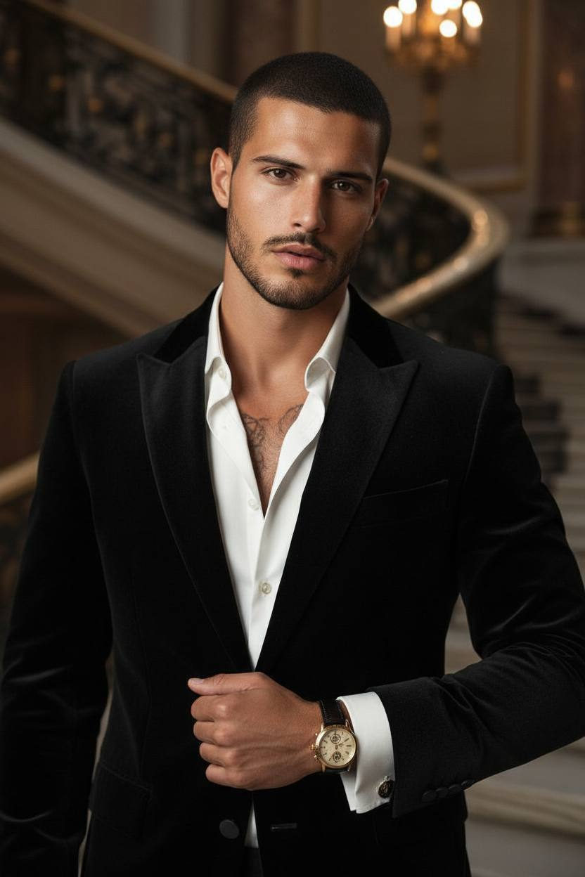 A man in a velvet blazer stands near a marble staircase, illuminated by warm candlelight, exuding luxury and royal mystery.