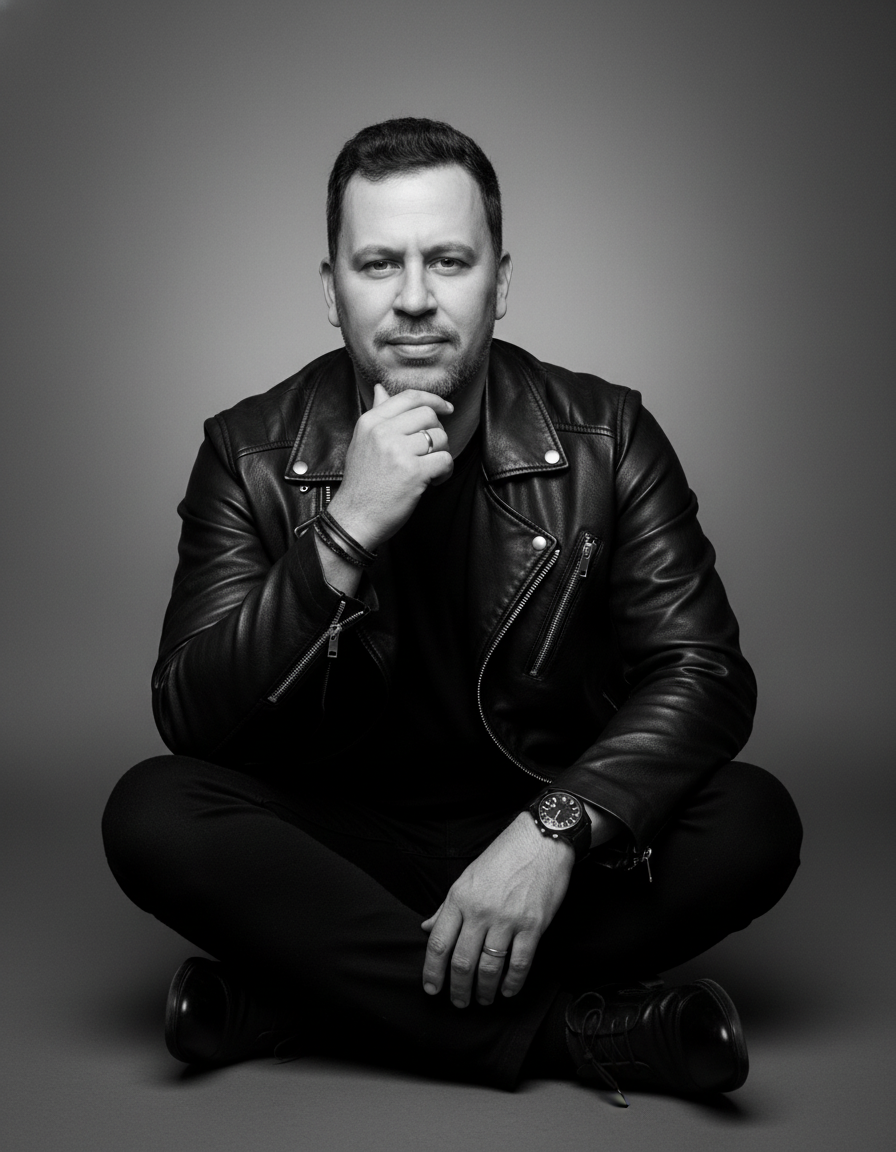 A male figure poses confidently in a black leather jacket and monochromatic outfit, seated cross-legged on a gray studio backdrop.
