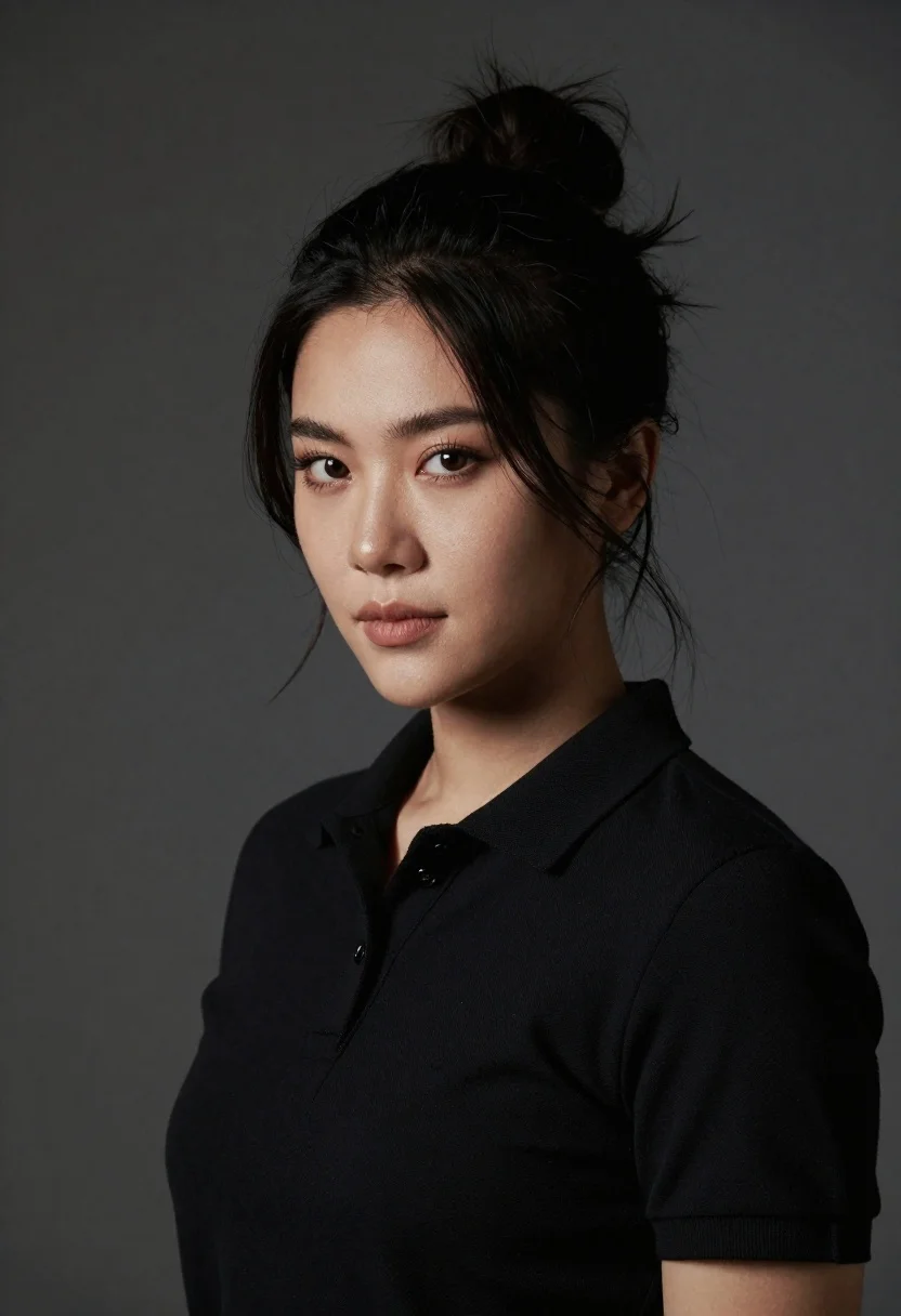 Professional Studio Portrait Woman With Dark Hair Styled Imperfect Messy reference photo