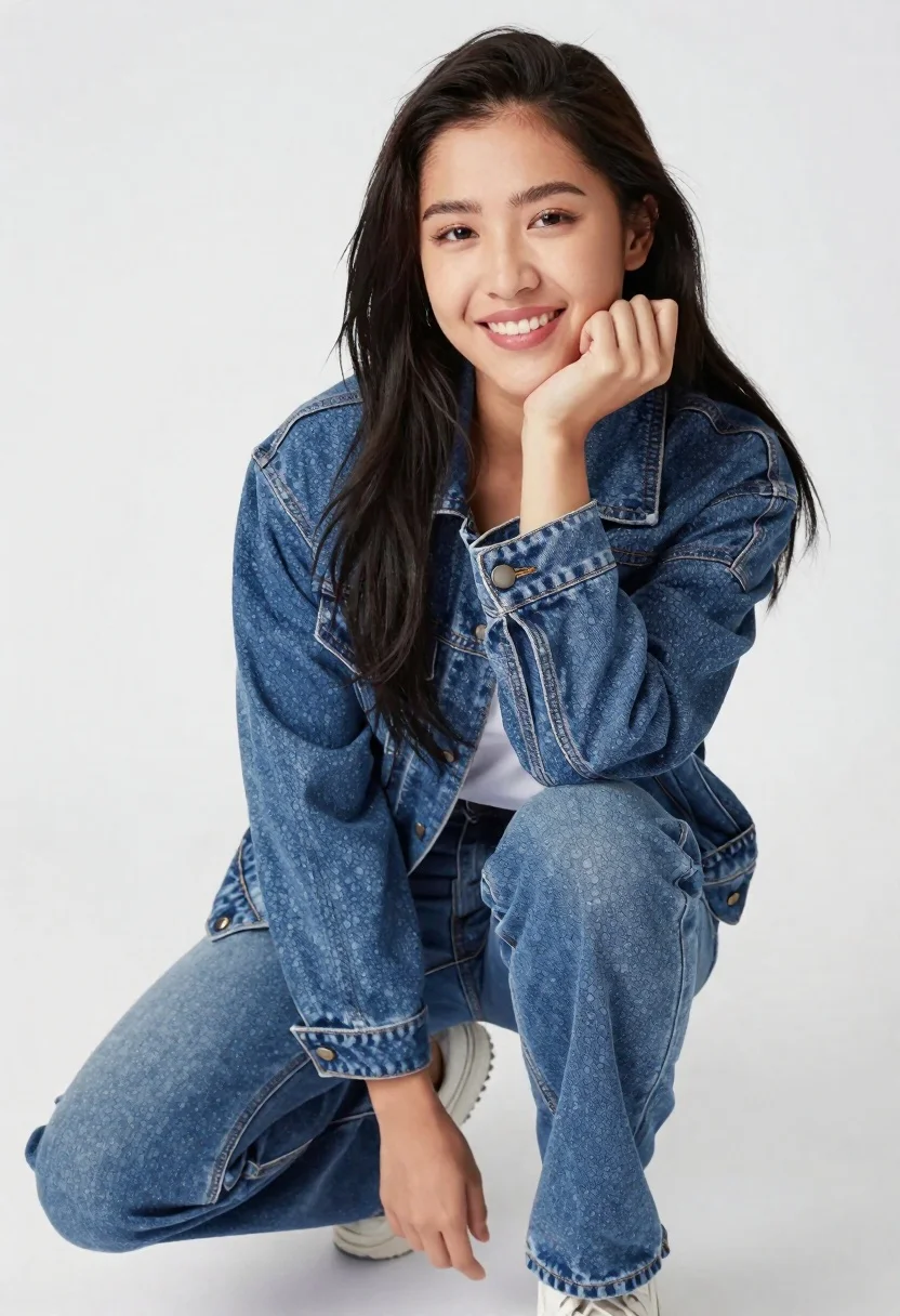 Young Woman With Long Dark Hair Crouching Plain White Background reference photo