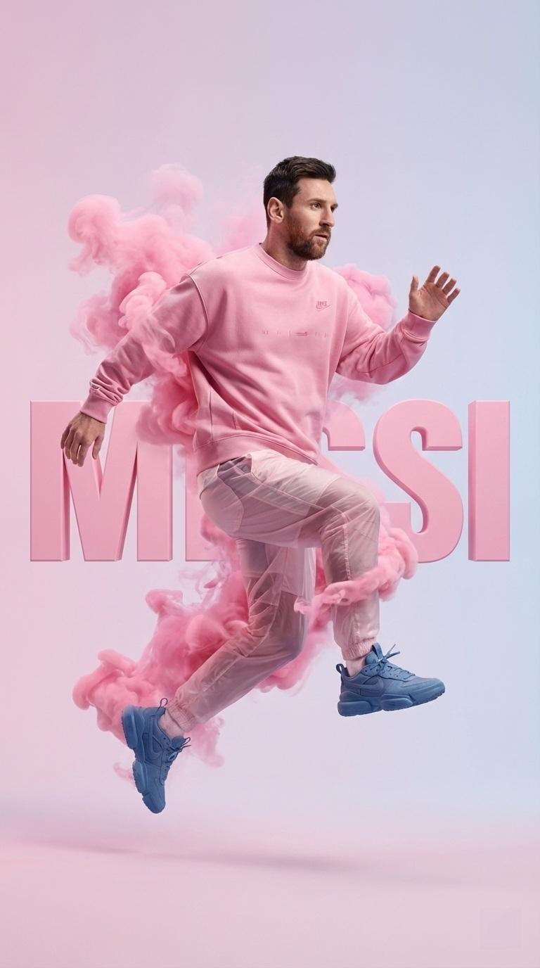 Hyper-realistic studio photo of a male athlete mid-air in a pastel pink outfit with pink powder smoke.