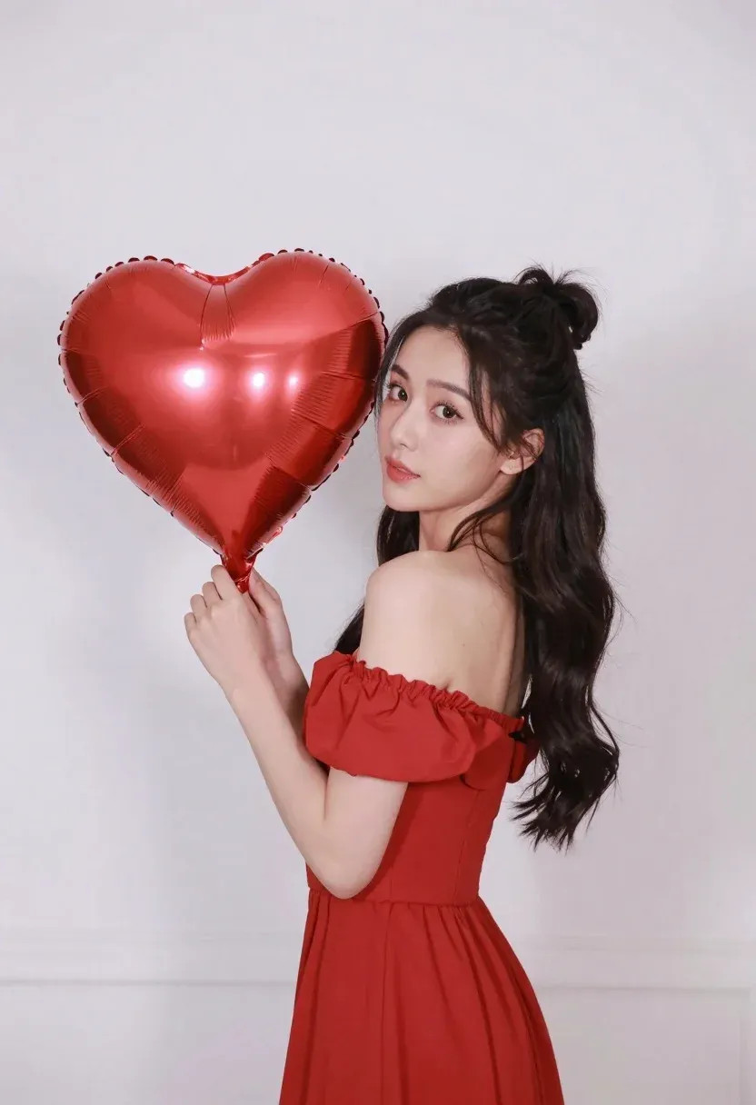 Woman Stands Profile Holding Large Red Heart-shaped Balloon Near Her