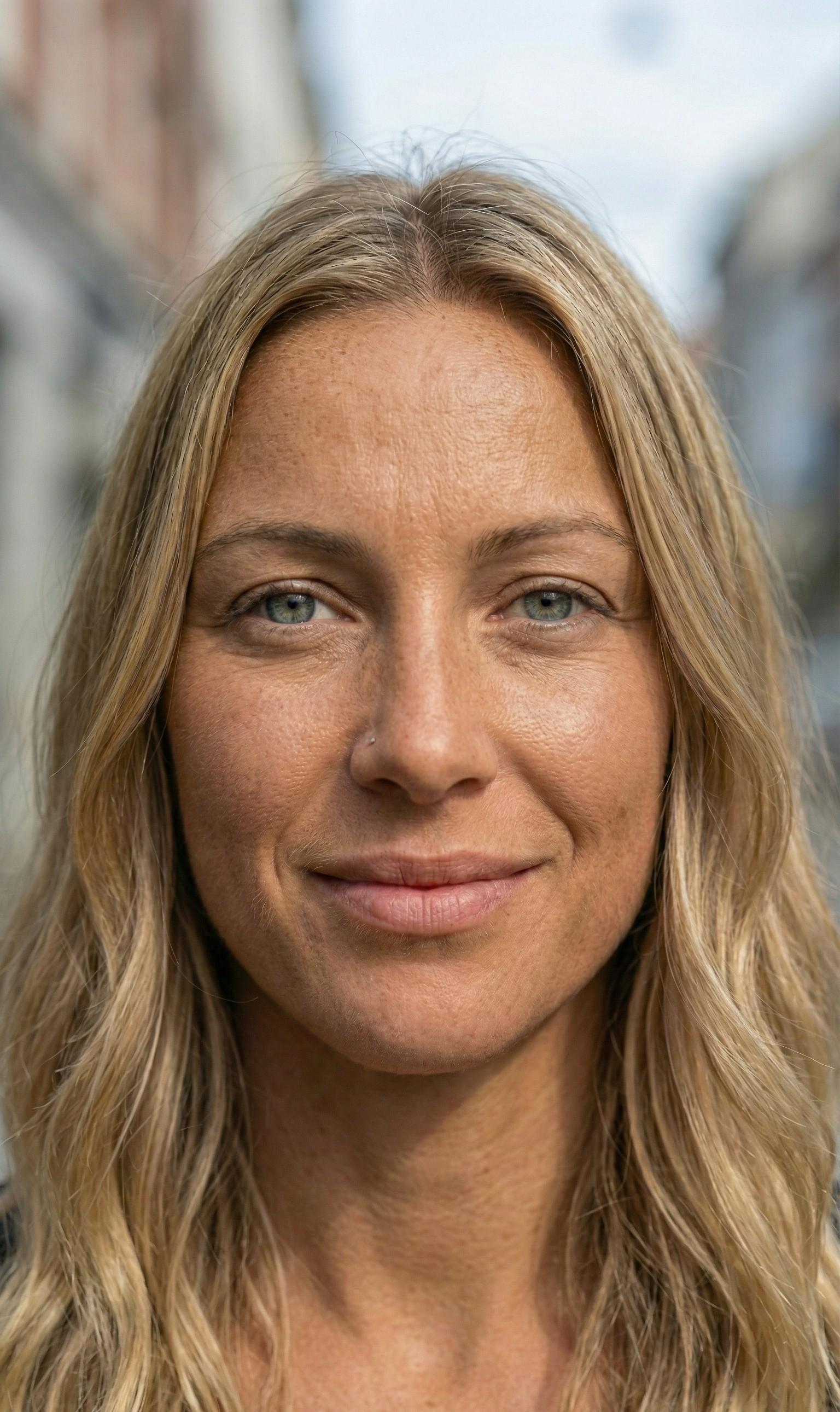 Medium close-up portrait of a person with wavy hair in a dark knit sweater, gazing slightly off-camera against a blurred urban background.