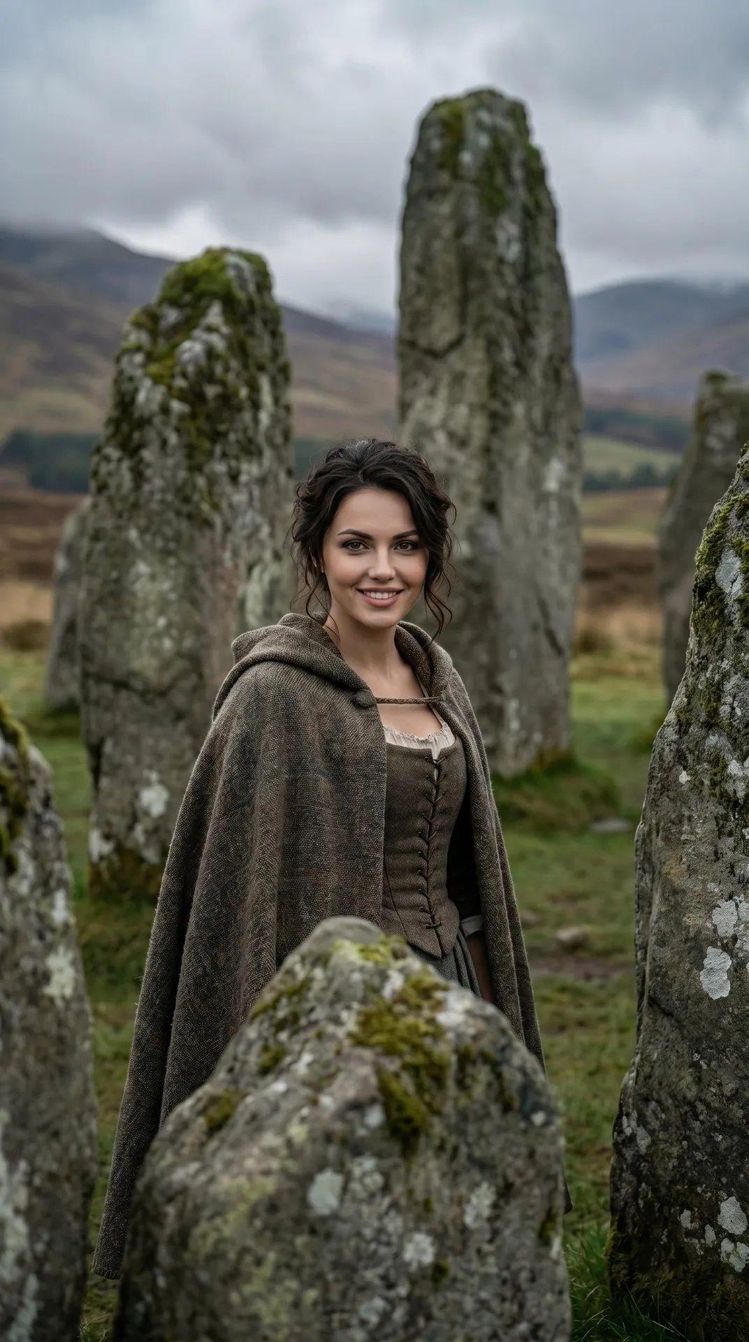 Highland Standing Stones Misty Landscape Hooded Cloak