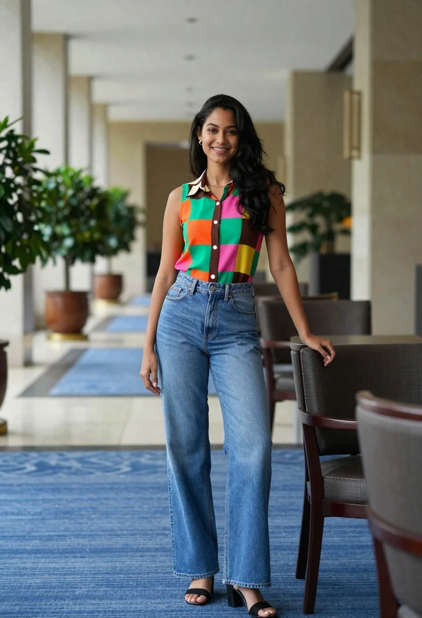 Confident Young Woman Stands Modern Indoor Hallway Posing With One reference photo