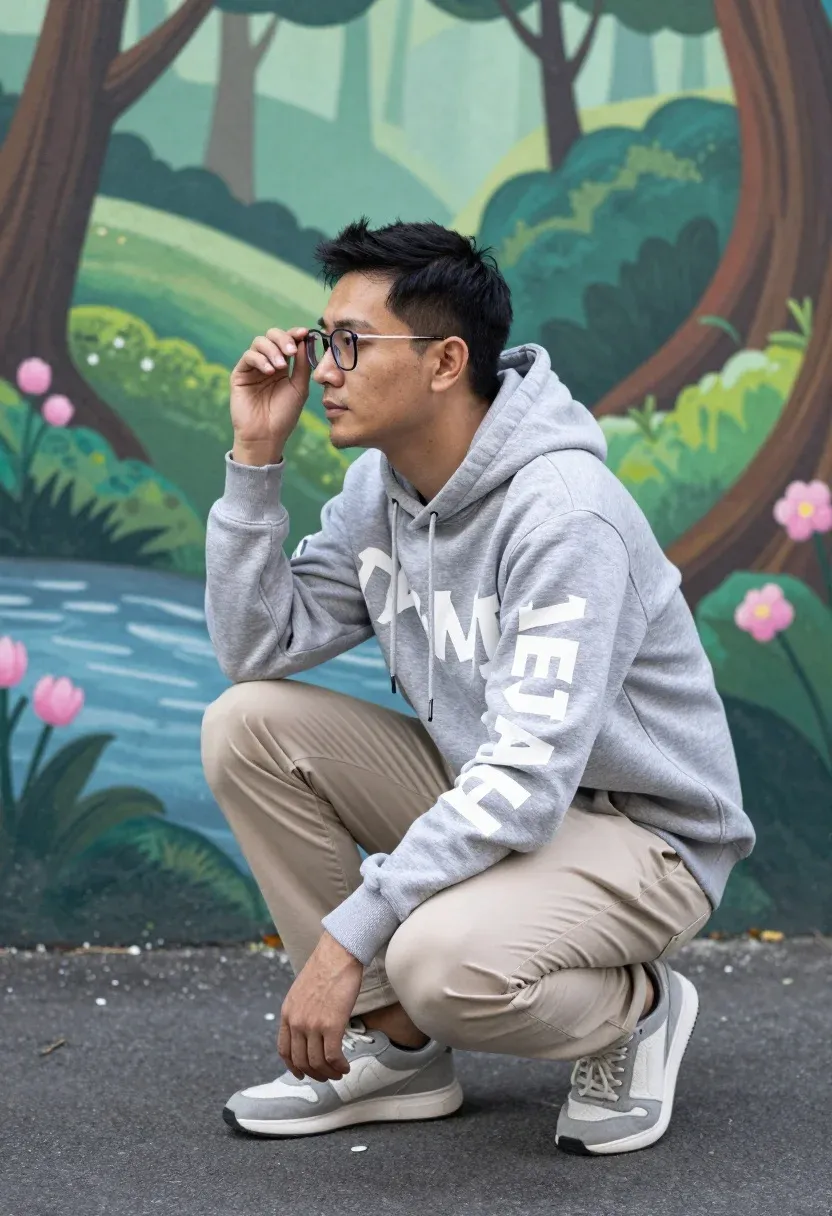 Man Crouching Thoughtful Pose Against Painted Mural Background Subject Man