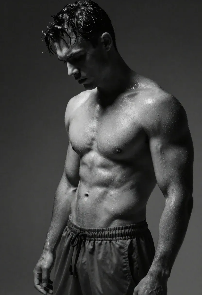 High-definition Black And White Portrait Muscular Man With Wet Skin