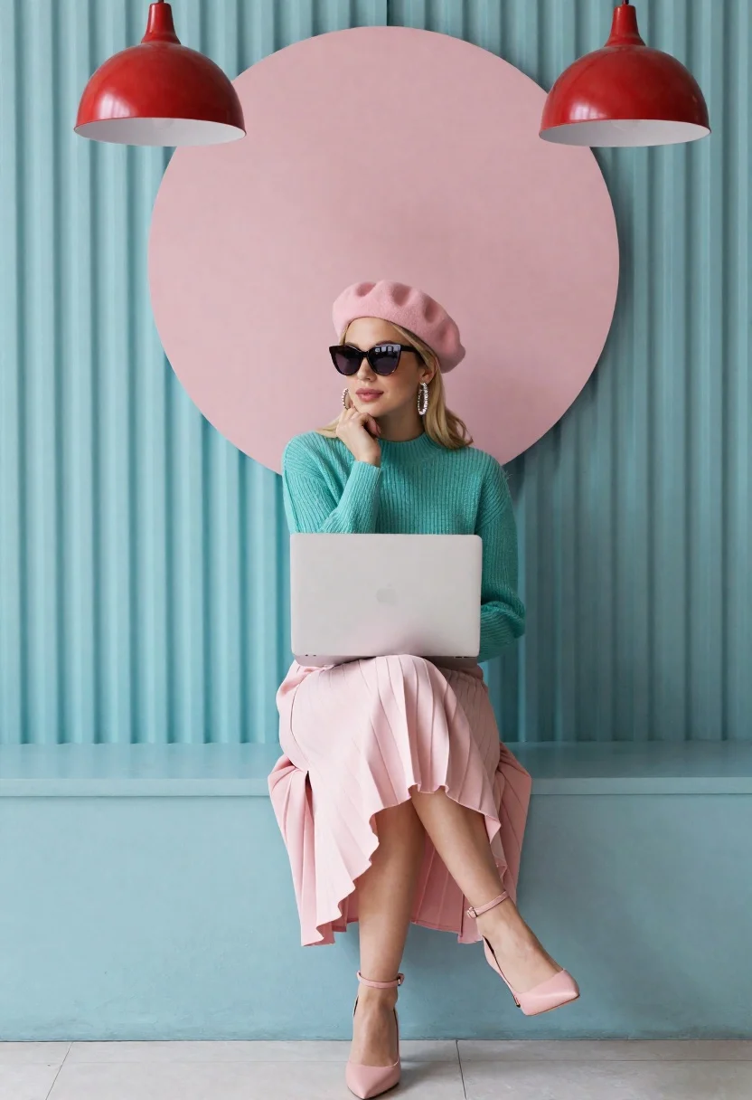 Stylish Woman Sits Pastel Blue Bench With Her Chin Resting reference photo