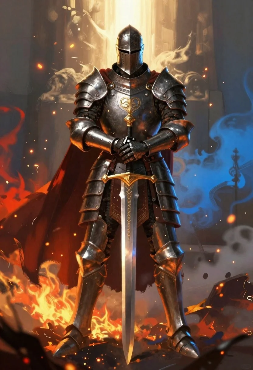 Subject Heavily Armored Knight Dark Helmet And Ornate Plate Armor reference photo