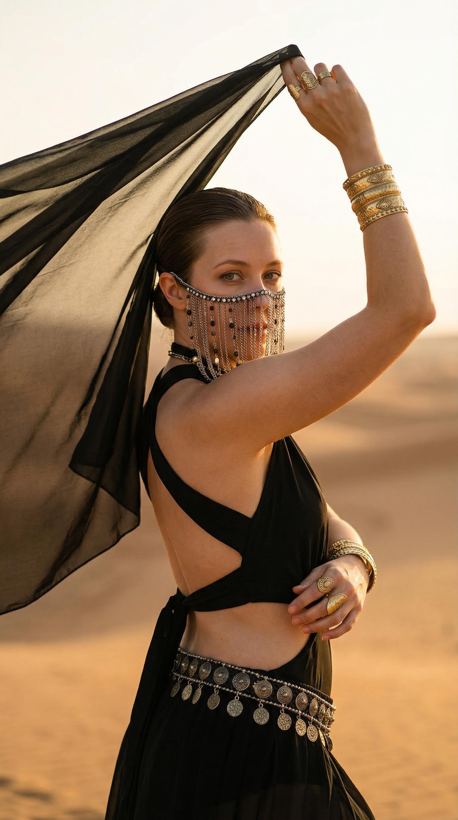 Photorealistic portrait of a woman in a black oriental costume at sunset, holding a translucent veil in a desert landscape.