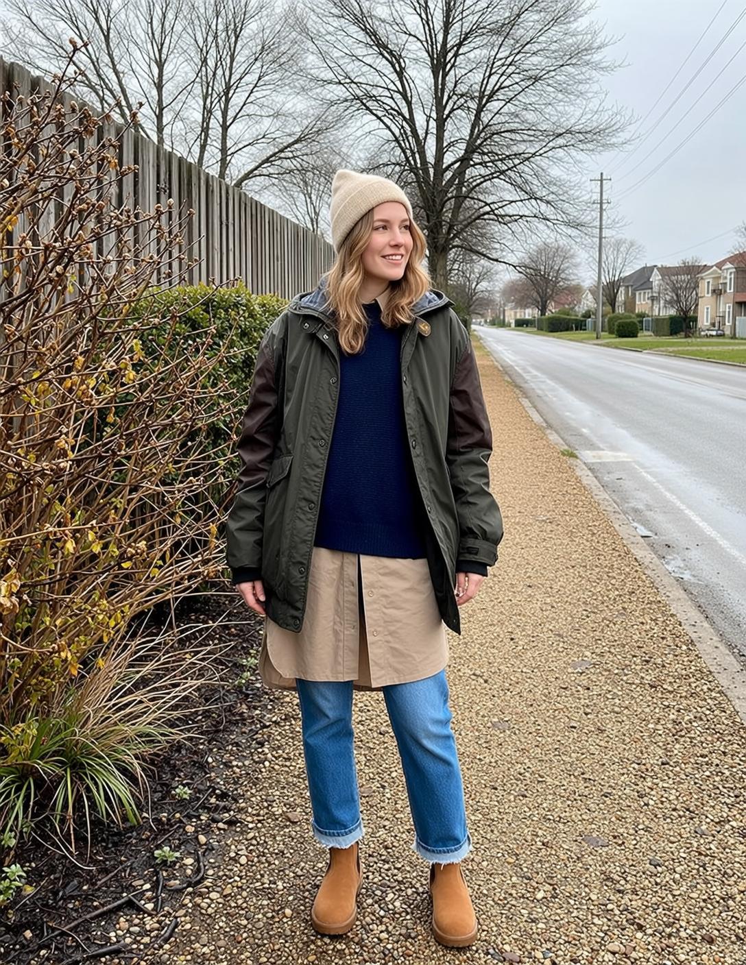 Beige Sweater Wavy Hair City Street Standing