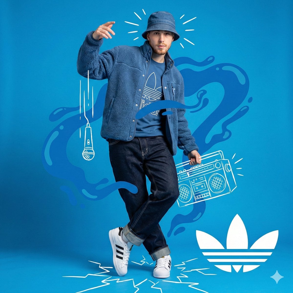 Studio Portrait Blue Background Vector Doodles