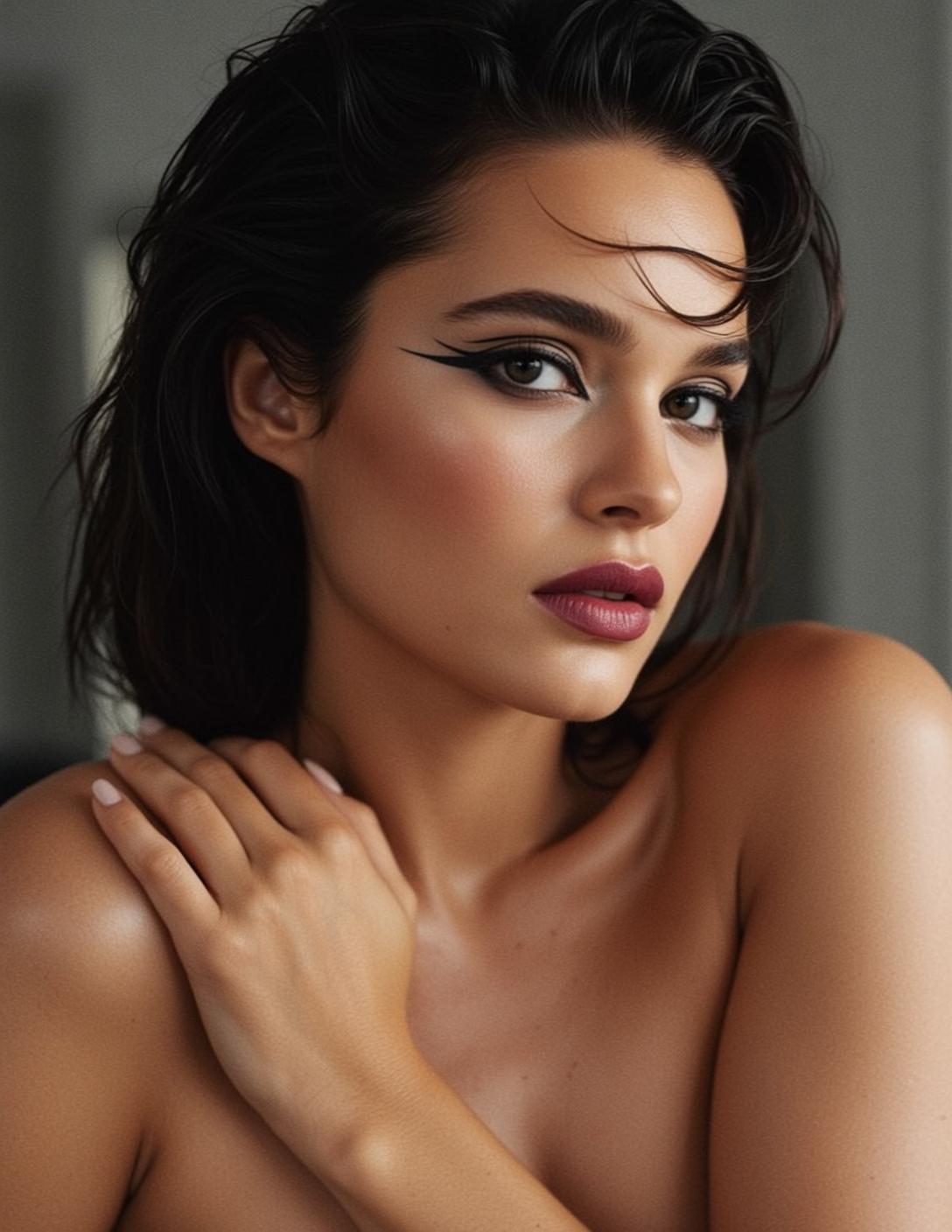 Photorealistic Portrait Young Woman With Dark Wet-look Hair Styled With