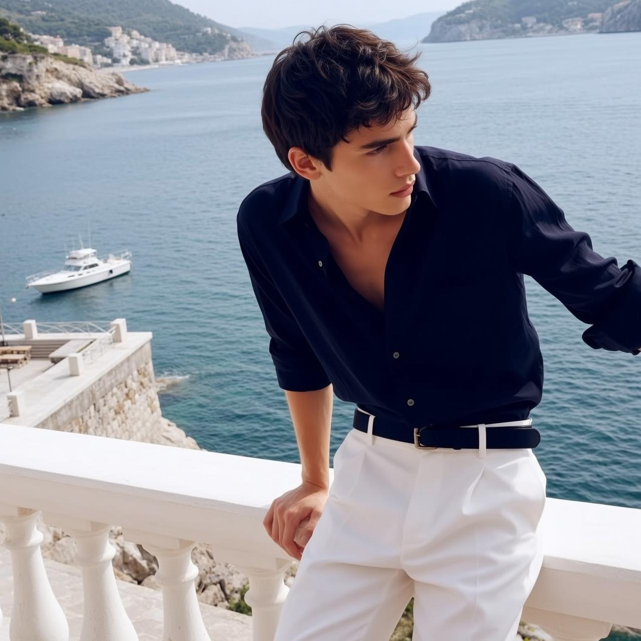 World Leaning White Railing Facing His Right