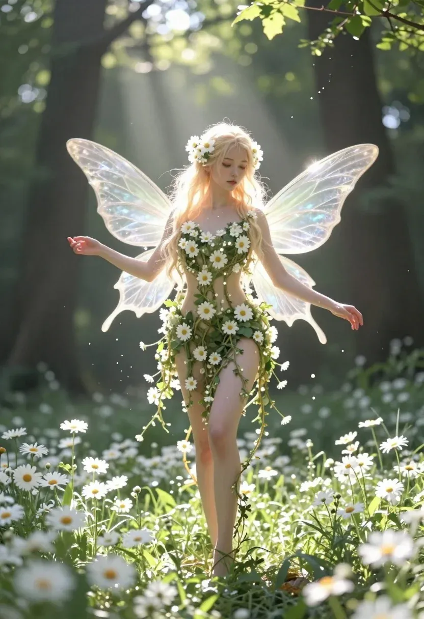 Glowing Fairy Stands Amidst Field White Flowers With Sunlight Streaming