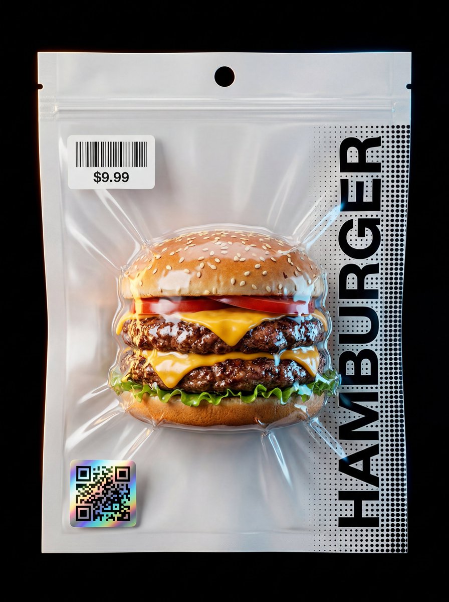 Hyper-realistic object encased in a vacuum-sealed pouch with textures highlighting sculptural details against a black background.