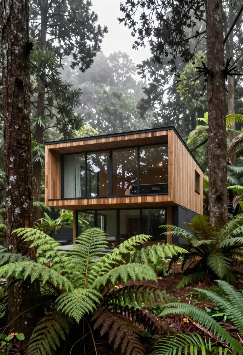 Photorealistic Architectural Photography Modern Two-story House Nestled Deep Within Dense reference photo