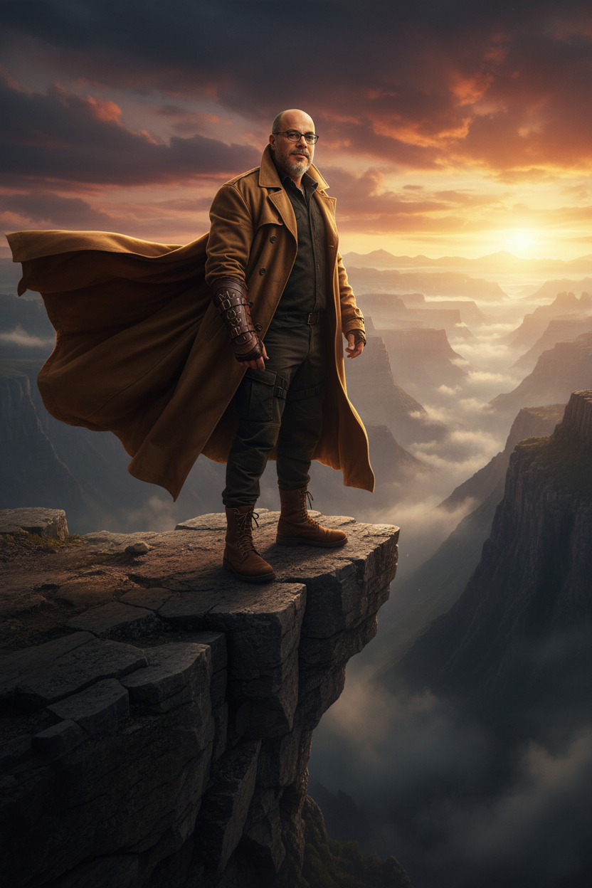 A rugged man in a flowing trench coat stands heroically on a cliff overlooking a misty canyon at sunset, exuding strength and determination.