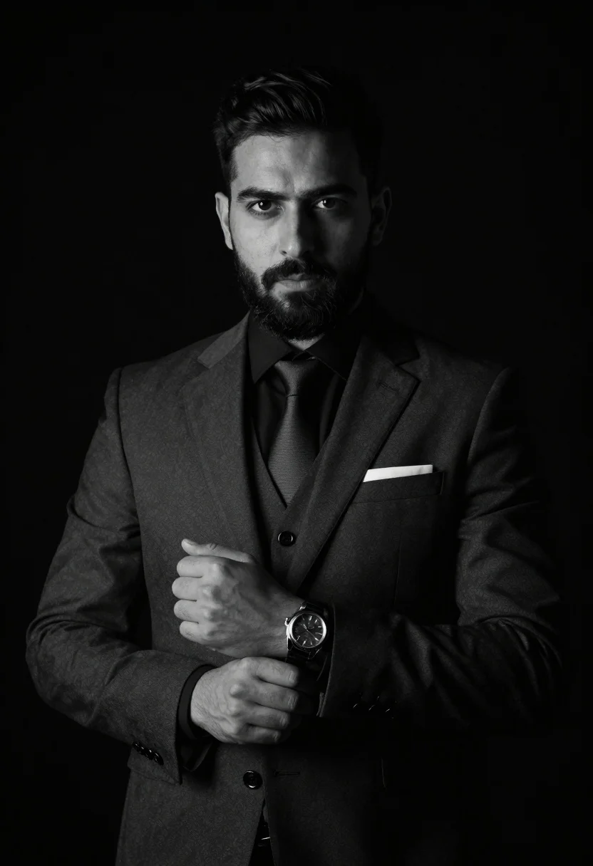 Confident Man Dark Suit Stands Against Black Background Subject Man