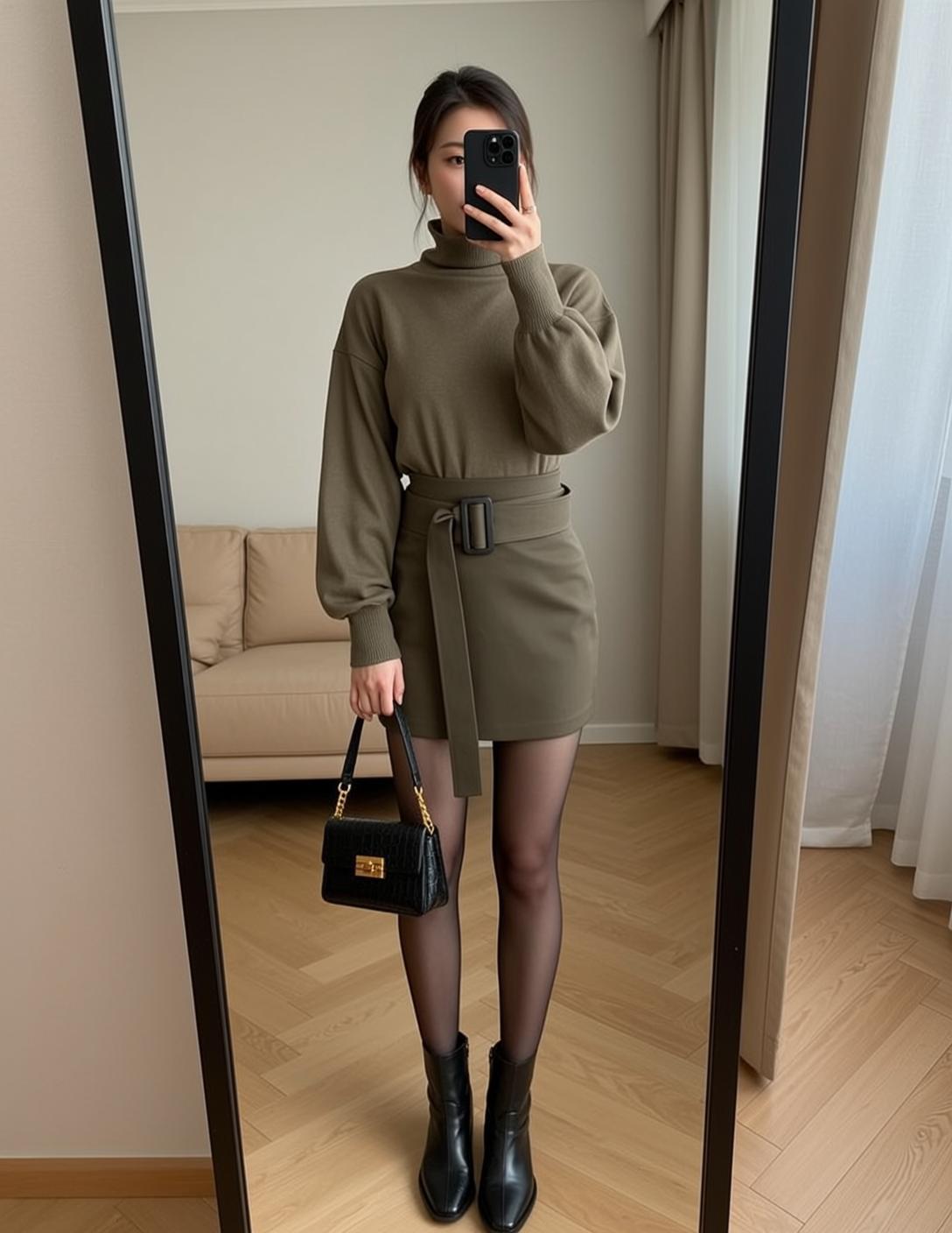 Asian Woman Olive Green Outfit Mirror Selfie