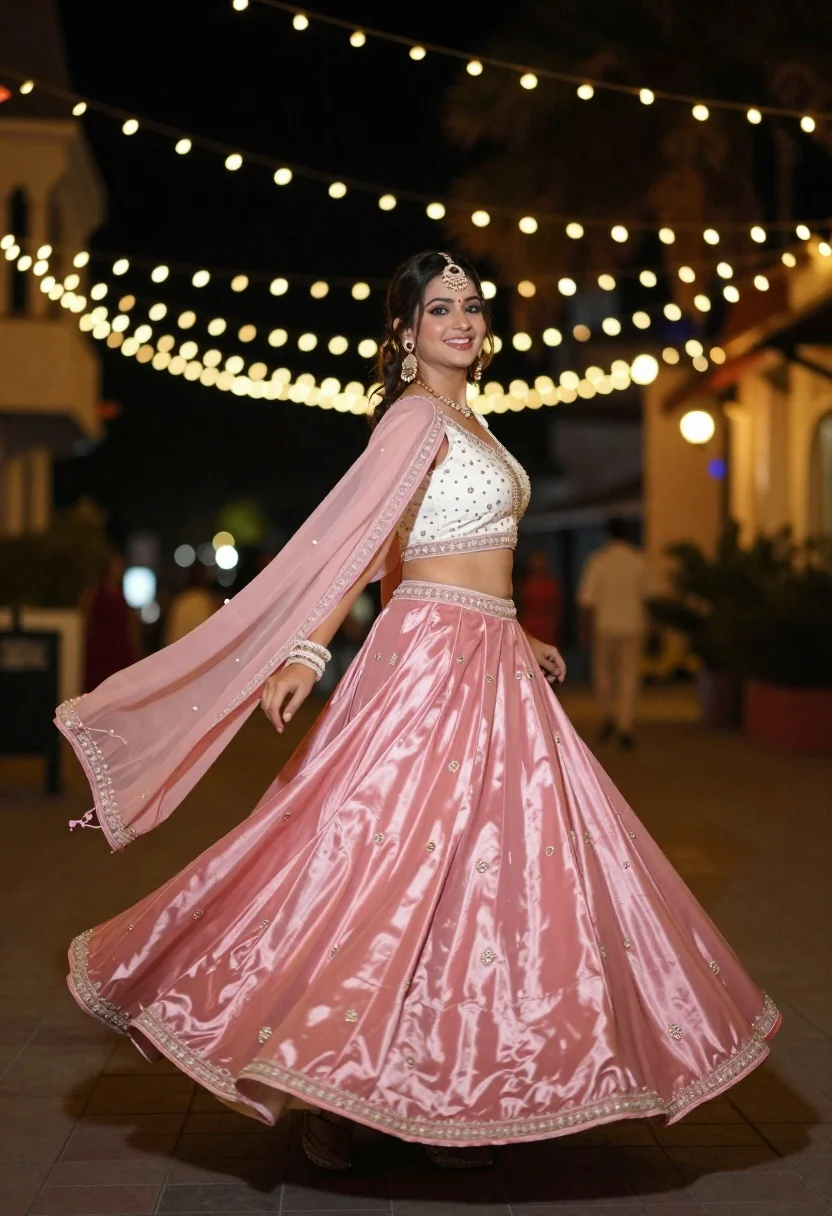 Woman Flowing Pink Lehenga Choli Spins With Joy Against Backdrop reference photo