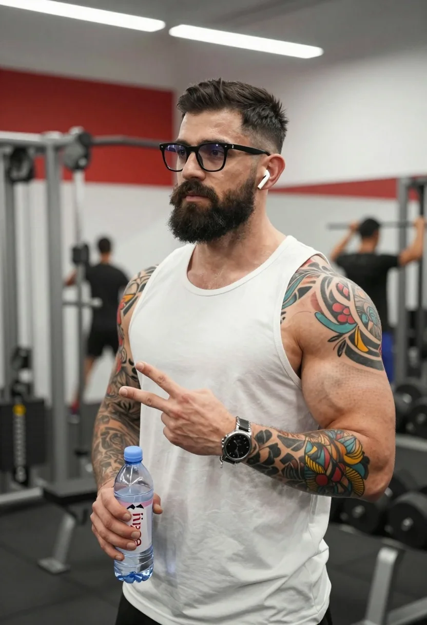 Muscular Man With Beard And Glasses Stands Gym Holding Water