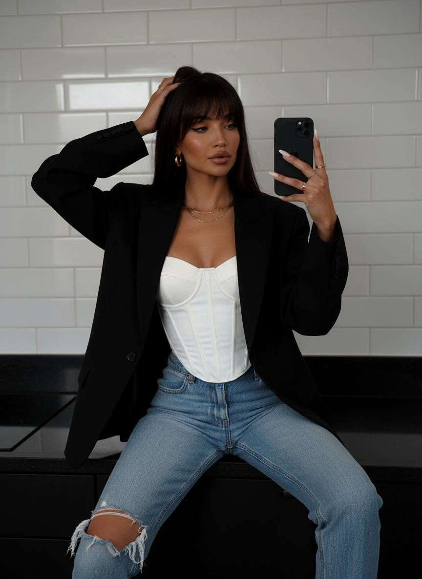 A woman in a corset top and oversized blazer seated on a kitchen counter, holding a phone and posing for a mirror selfie.