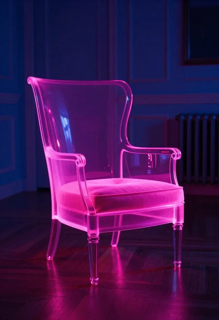 Single Armchair Glowing With Intense Neon Pink Light Dimly Lit