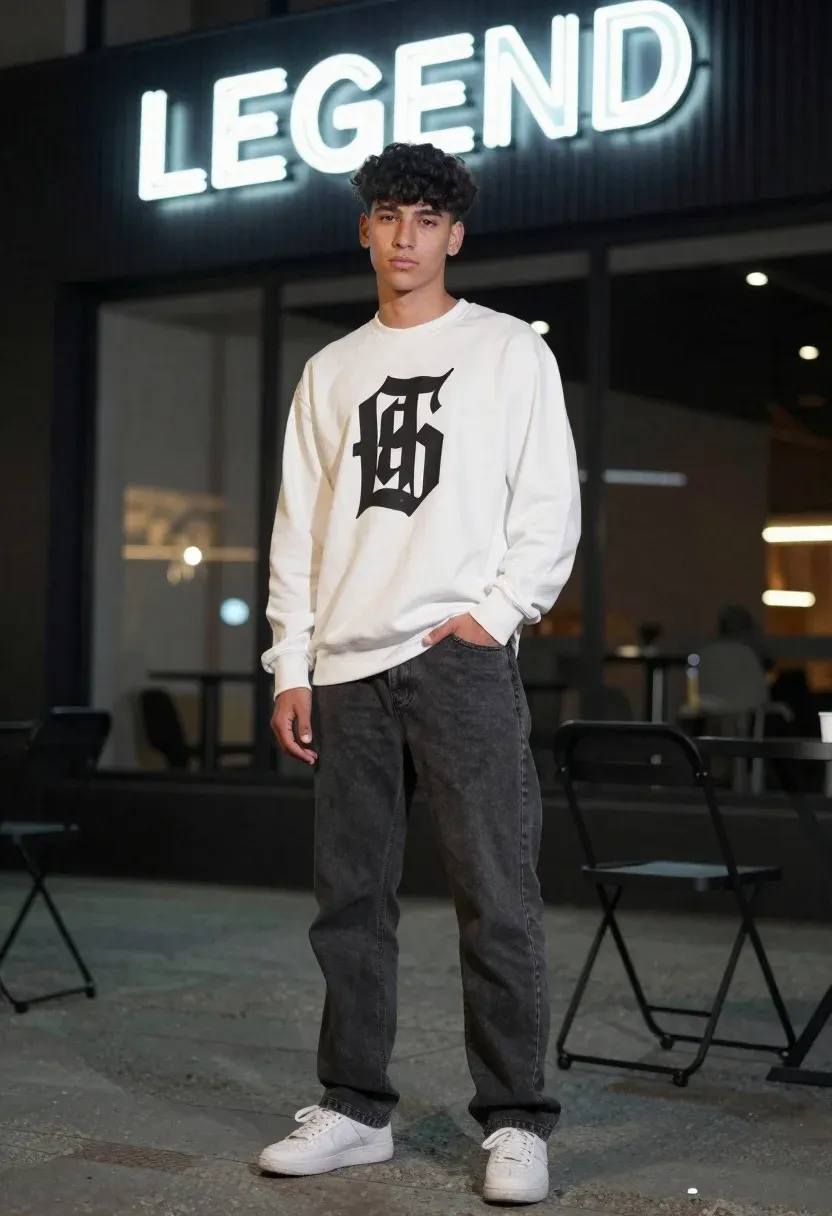 Young Man Stands Confidently Modern Urban Setting With Glowing Neon