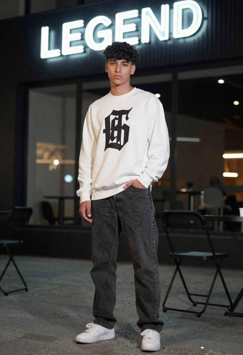 A confident young man stands in a modern urban setting with a glowing neon sign illuminating him from behind.