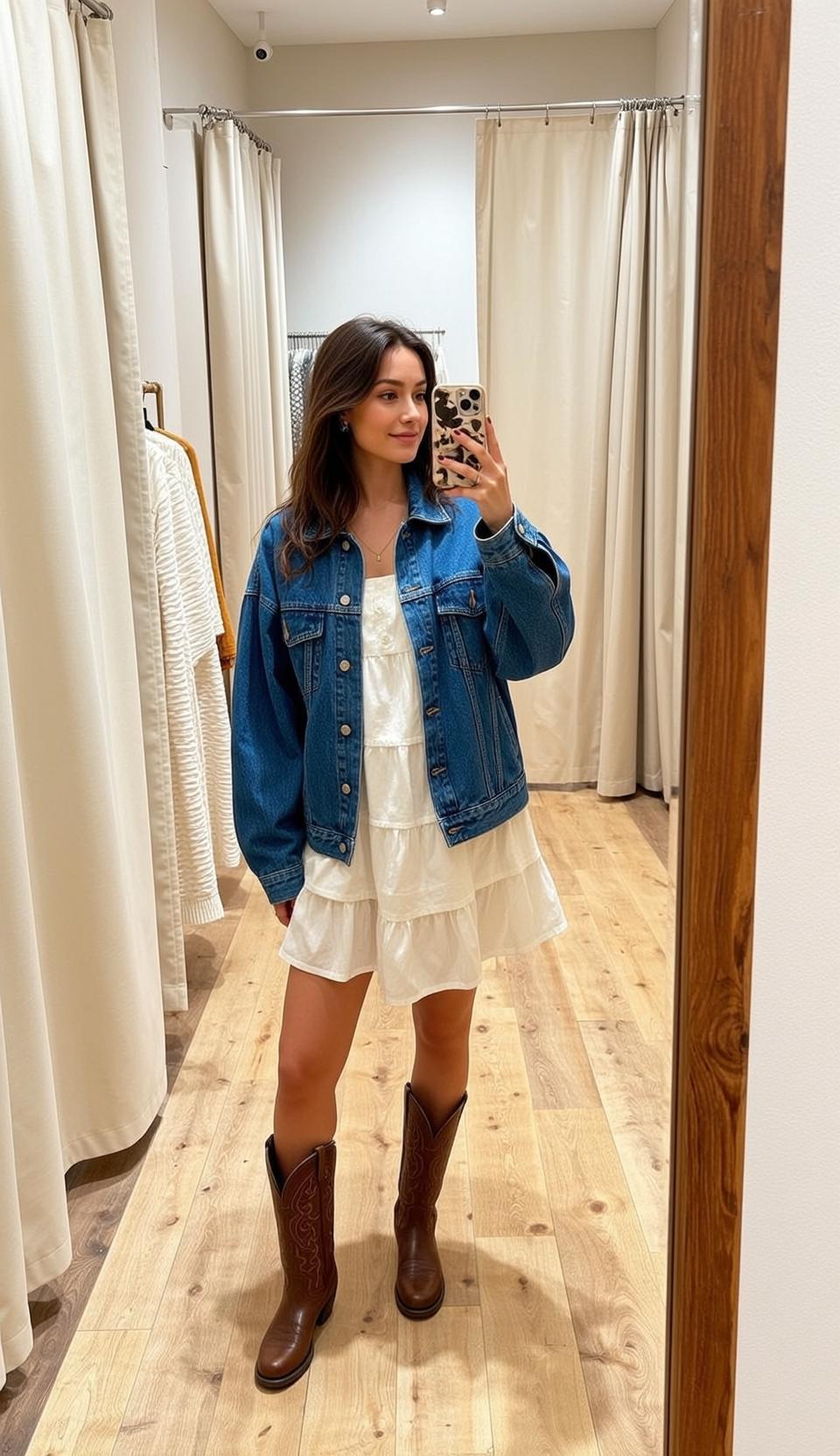 Cowgirl Stands Facing Mirror Holding Phone Her