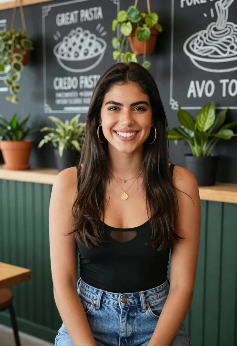 Smiling Woman With Long Dark Hair Stands Front Chalkboard Wall reference photo