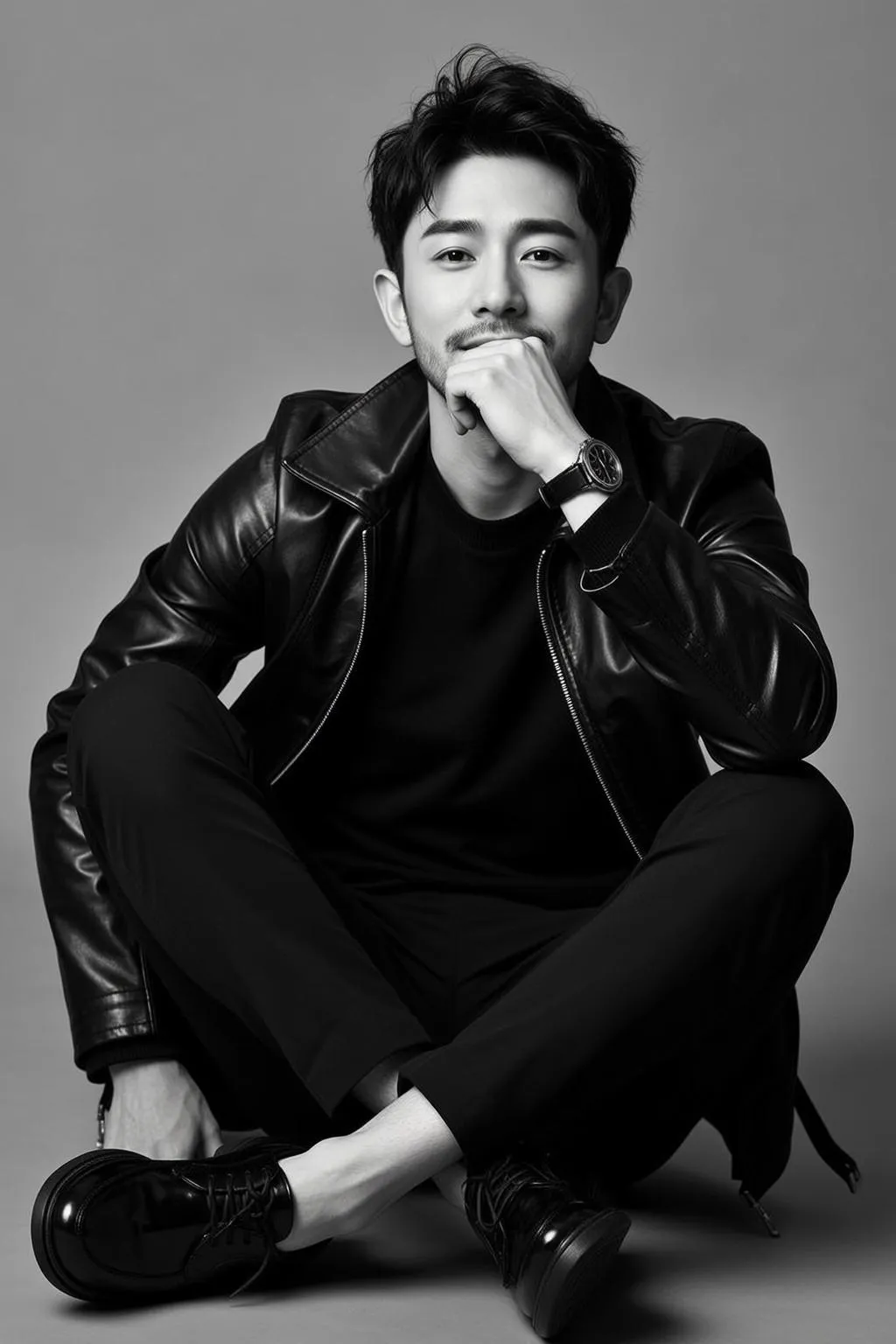 Full Shot Black And White Photorealistic Portrait Young East Asian