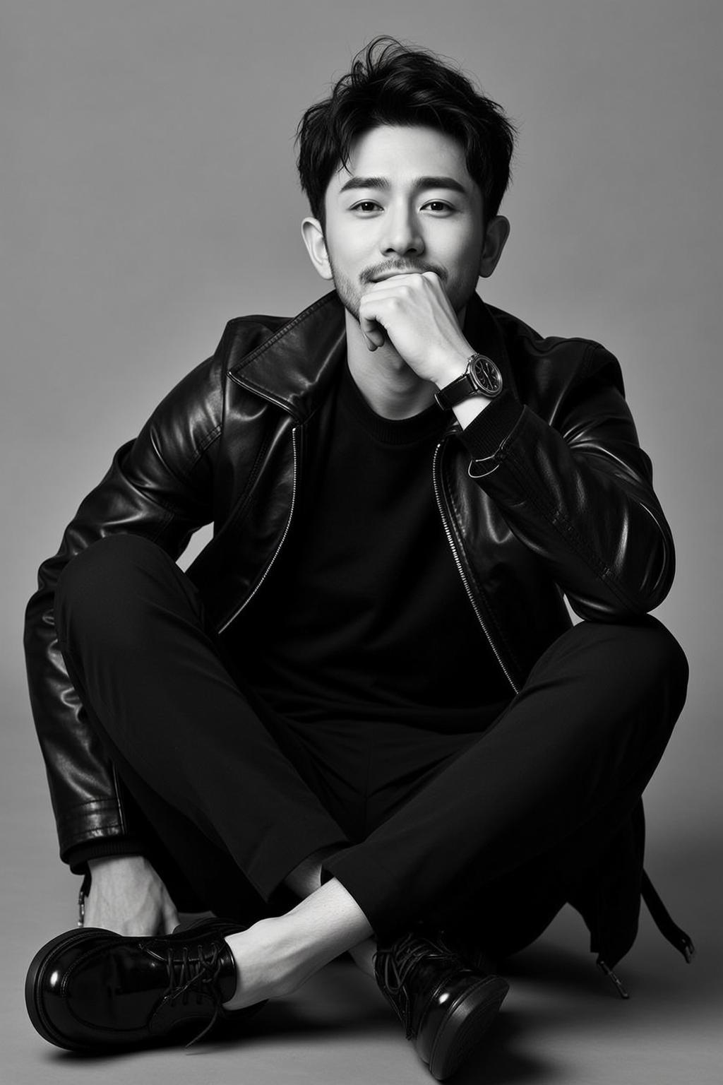 Full Shot Black And White Photorealistic Portrait Young East Asian