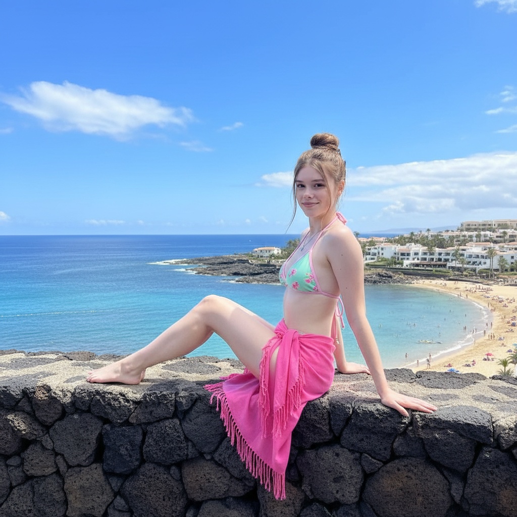 A woman in a floral bikini top and pink sarong sitting on a volcanic rock, smiling at the camera with a turquoise ocean in background.