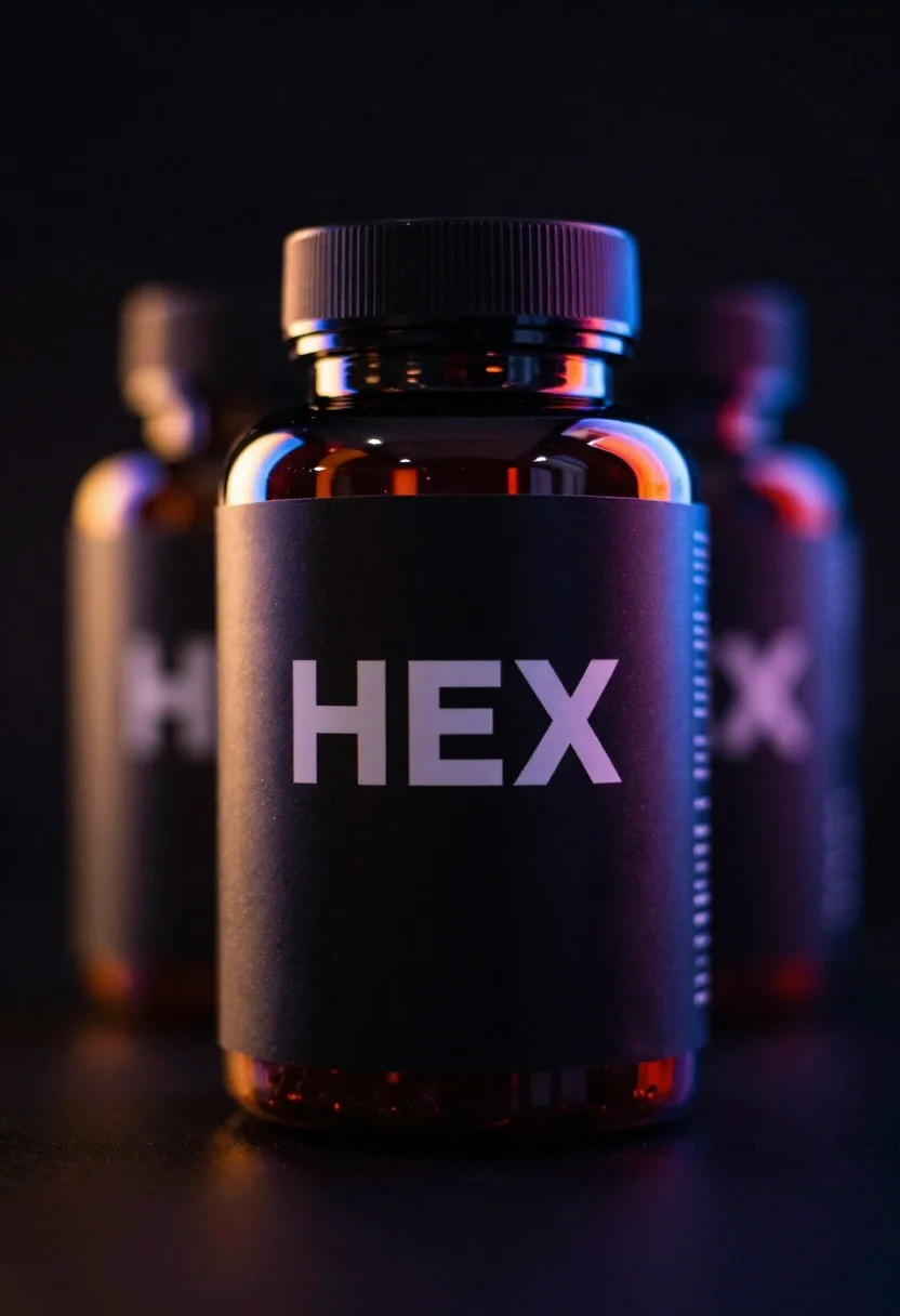 Dark Product Shot Black Supplement Bottle Labeled Hex With Vivid reference photo
