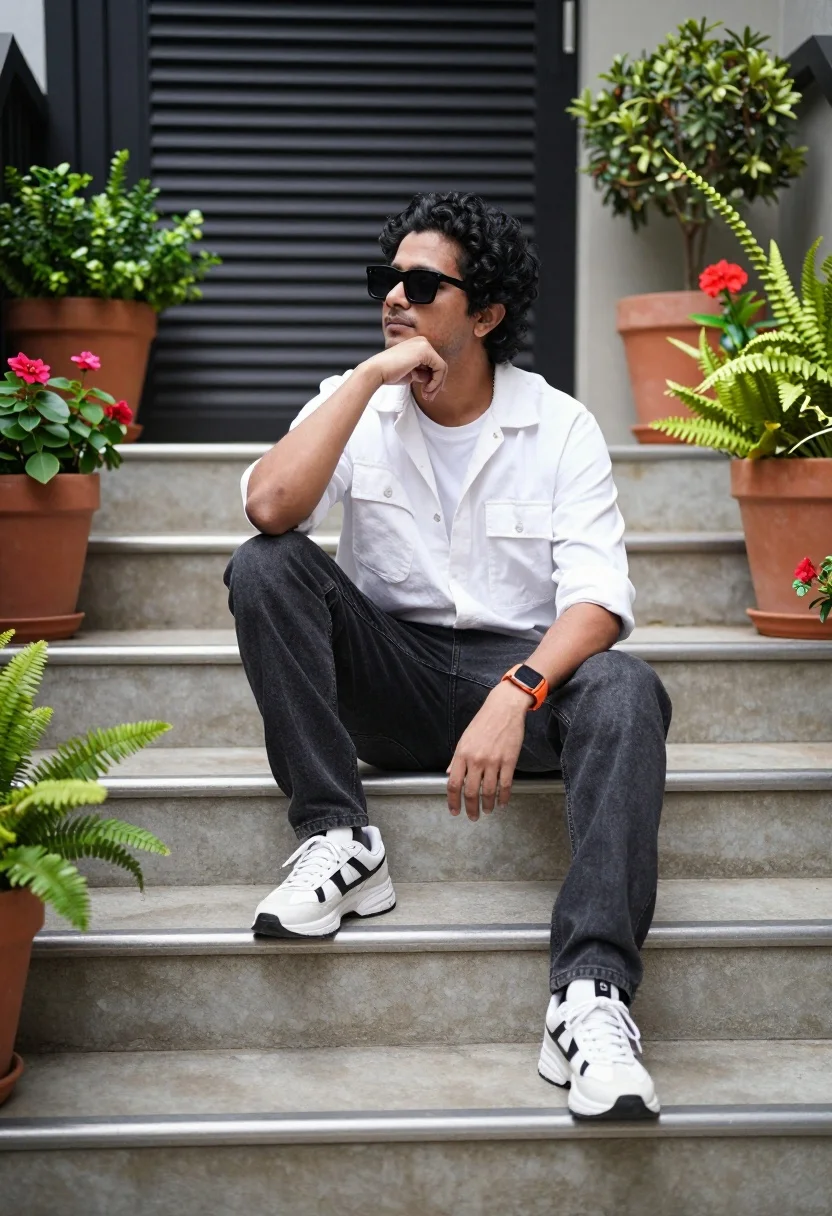 A man sitting casually on wide outdoor stairs, surrounded by lush potted plants under soft daylight.