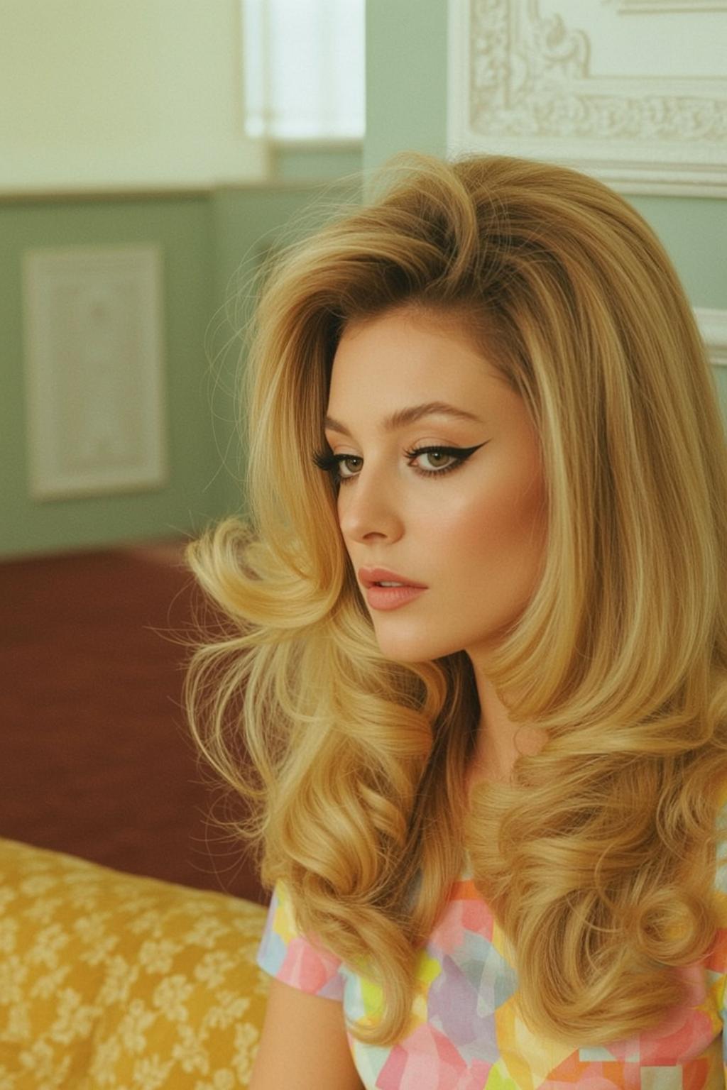Blonde Woman Profile Retro Room Yellow Sofa