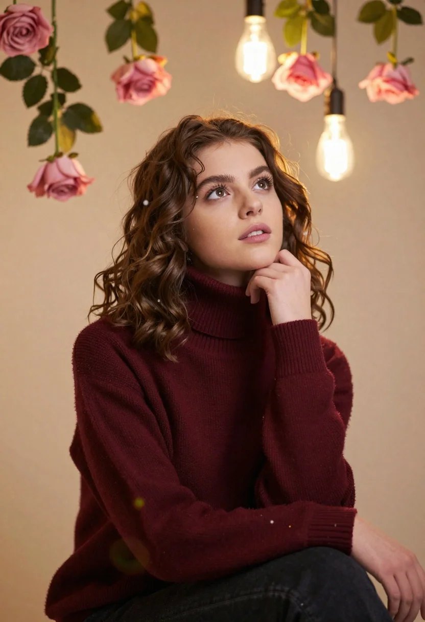 Young Woman With Wavy Brown Hair Gazes Upward Soft Dreamy
