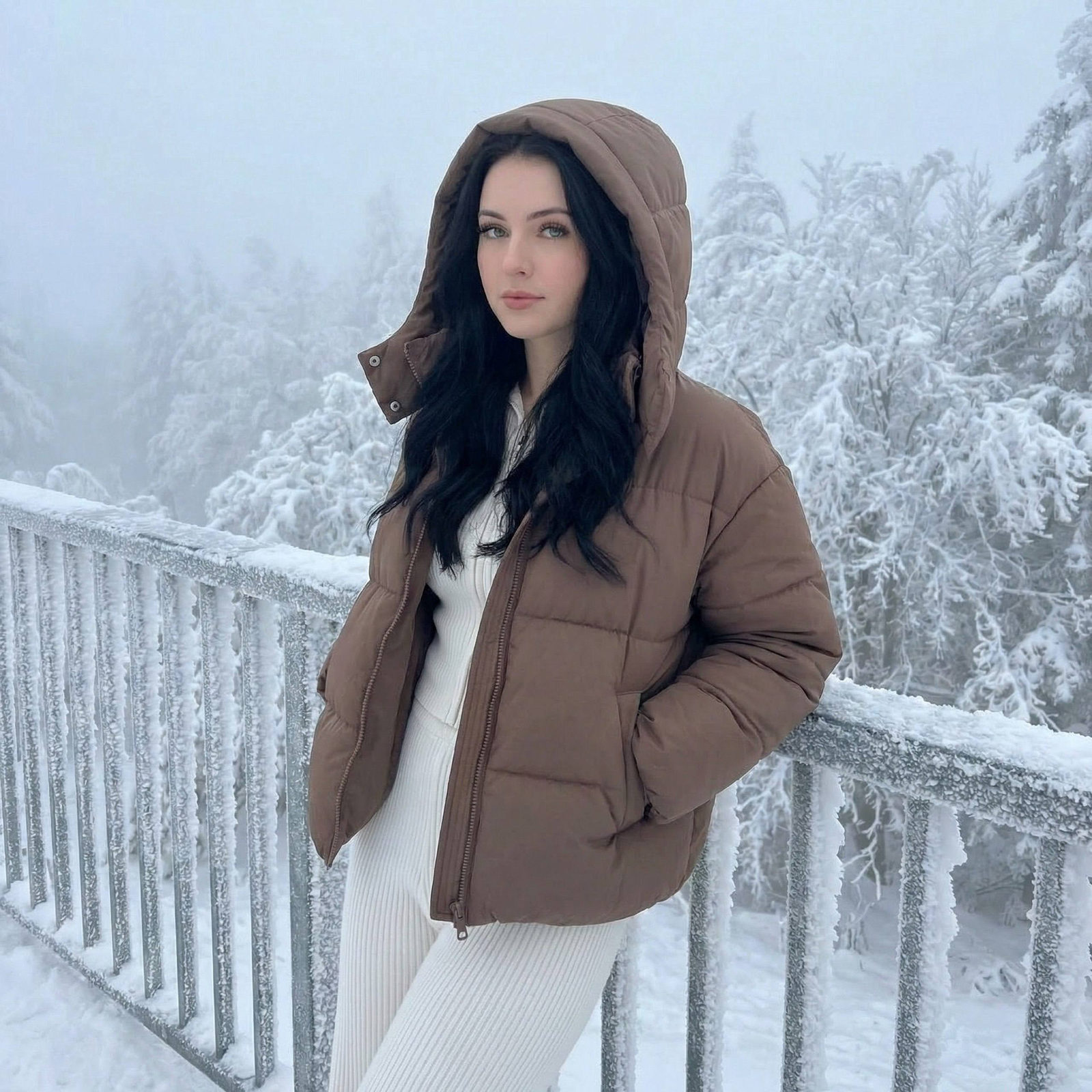 A girl in a brown oversized puffer jacket stands in a winter landscape, mist surrounds her as she leans against frost-covered railings.