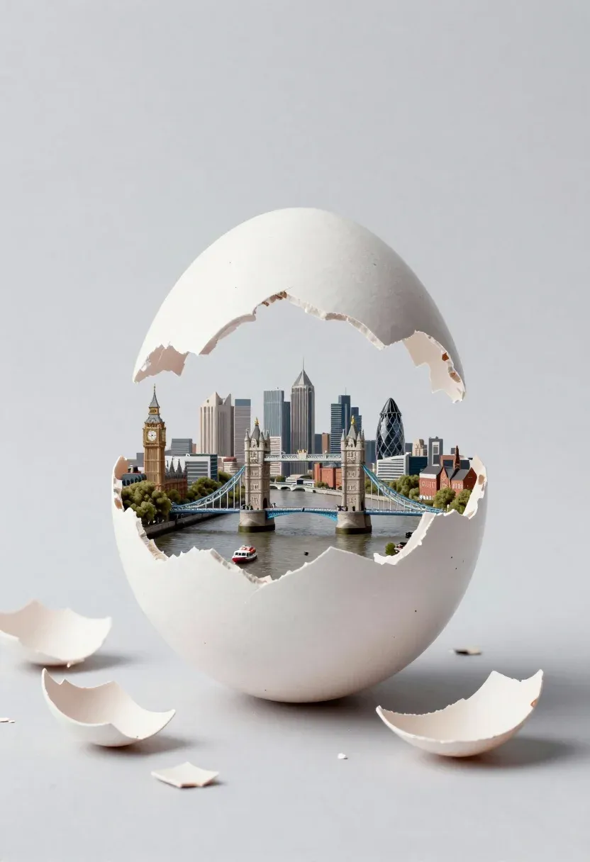 Large Cracked Eggshell Containing Miniature London Cityscape Subject Oversized White
